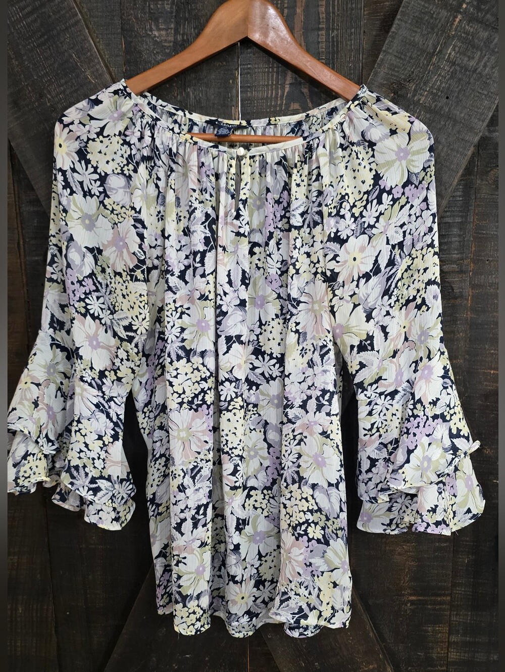 Chaps Navy Floral Peasant Blouse with Pastel Accents Size Large